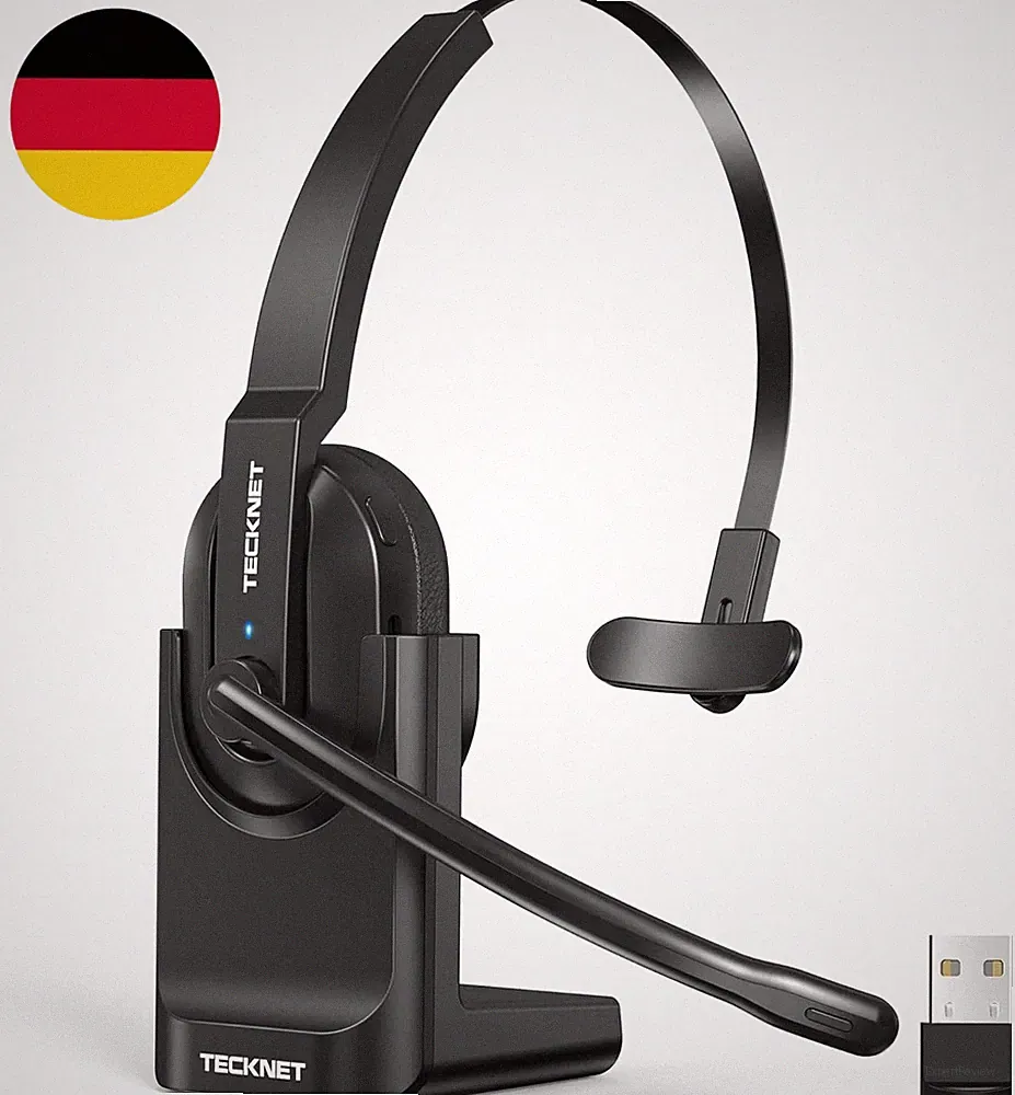 TECKNET V5.2 Bluetooth Headset Mit Mikrofon, Wireless Headset Mit Ladestation, M