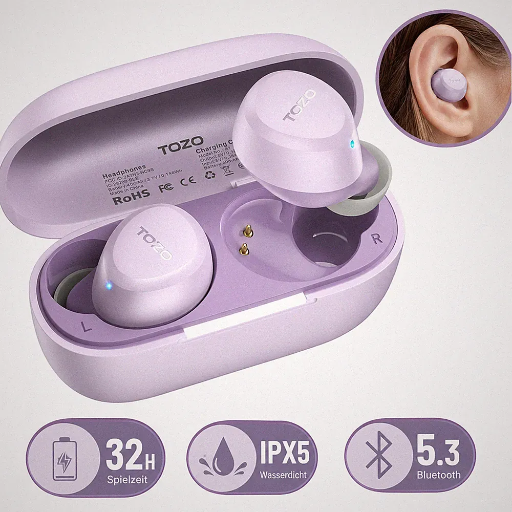 TOZO A1 Bluetooth Kopfhörer Kabellos In Ear App Steuerung Bass IPX5 32 Std Lila