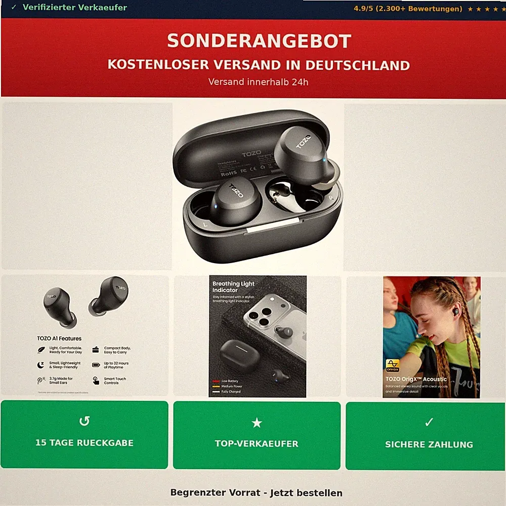 TOZO A1 In-Ear Kopfhörer Kabellos Bluetooth 5.3, 32 Std., IPX5, App-Steuerung