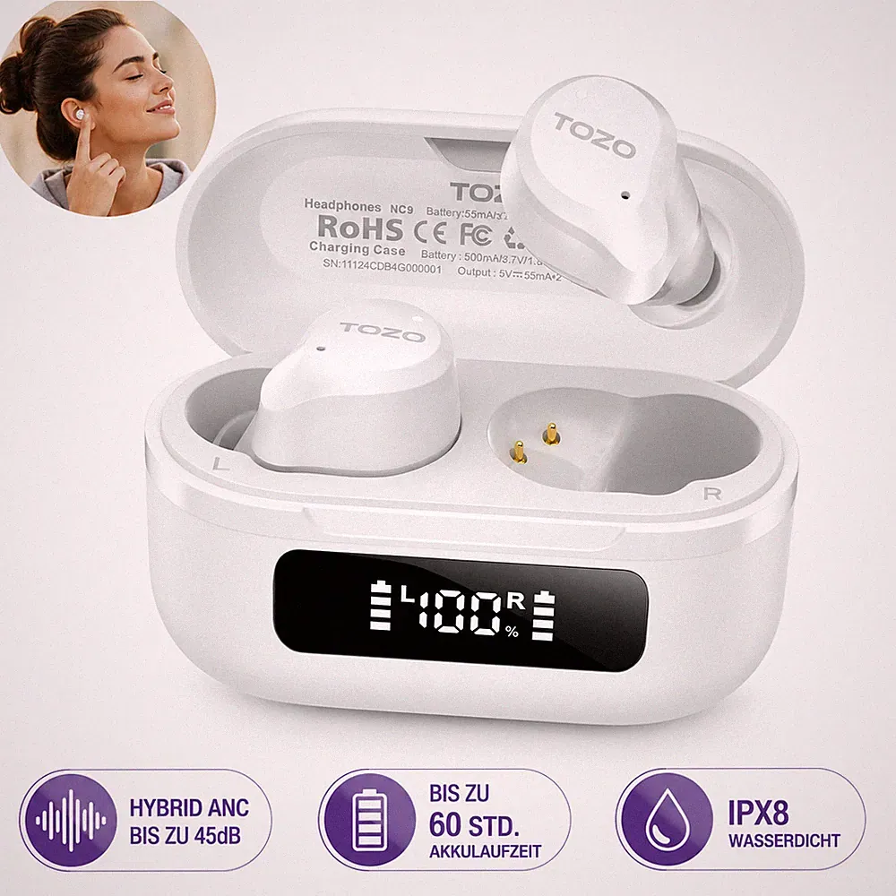 TOZO NC9 Bluetooth Kopfhörer ANC 45dB In Ear 60 Std IPX8 ENC Weiß Kabellos