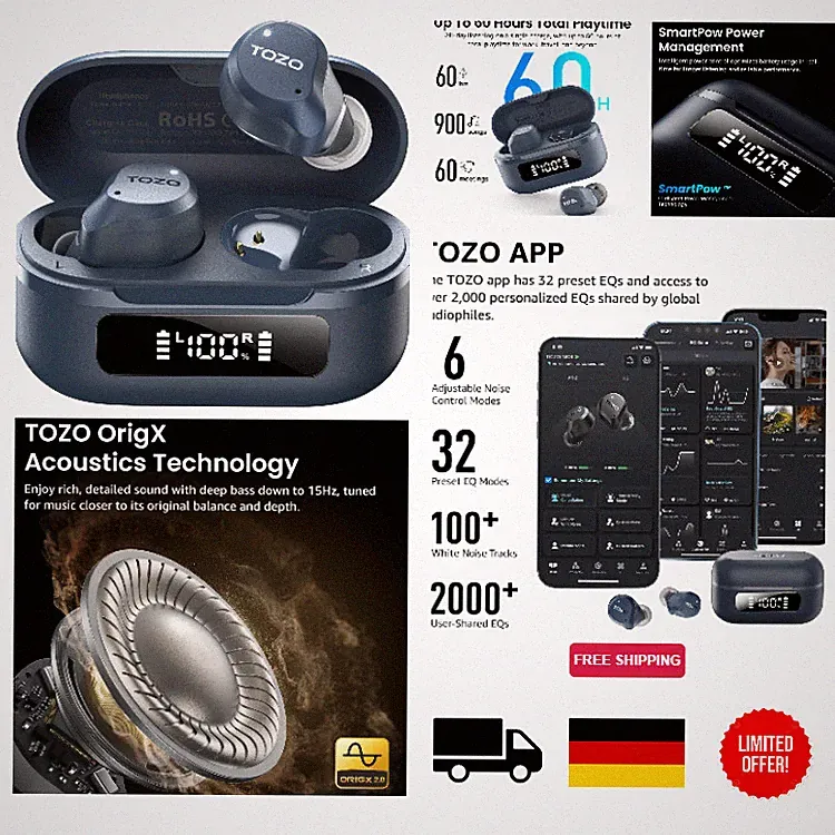 TOZO NC9 Bluetooth Kopfhörer In Ear mit Hybrid ANC, 6 Mikrofone ENC, 6