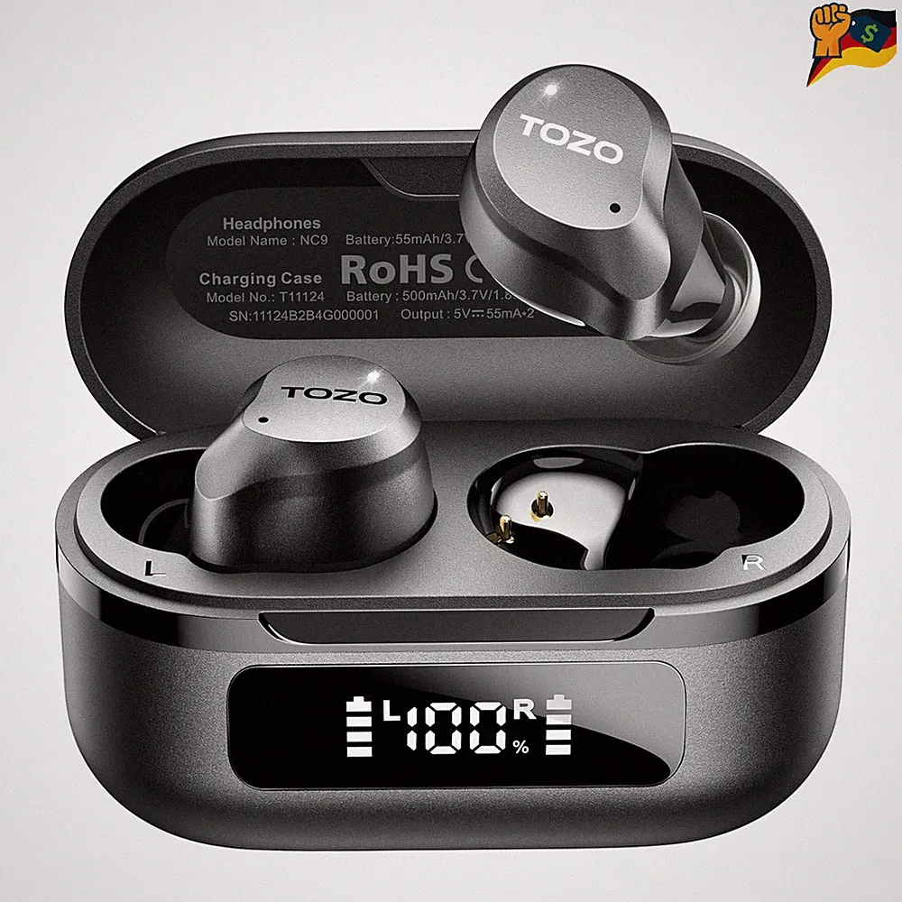 TOZO NC9 In Ear Bluetooth Kopfhörer 45 dB Hybrid Geräuschunterdrückung Schwarz