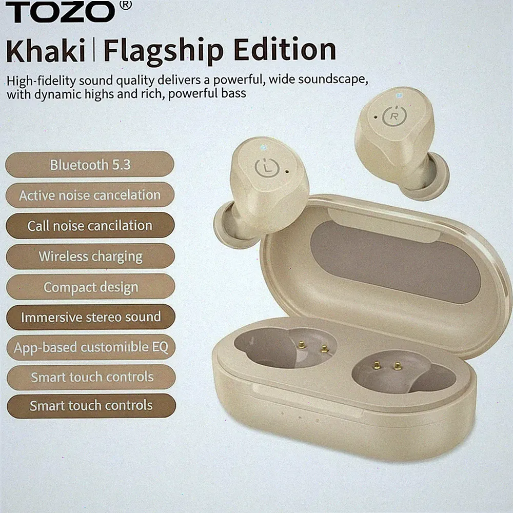 TOZO NC9 Kabellose In-Ear-Kopfhörer Bluetooth 5,3 Premium-Tiefbass, Khaki