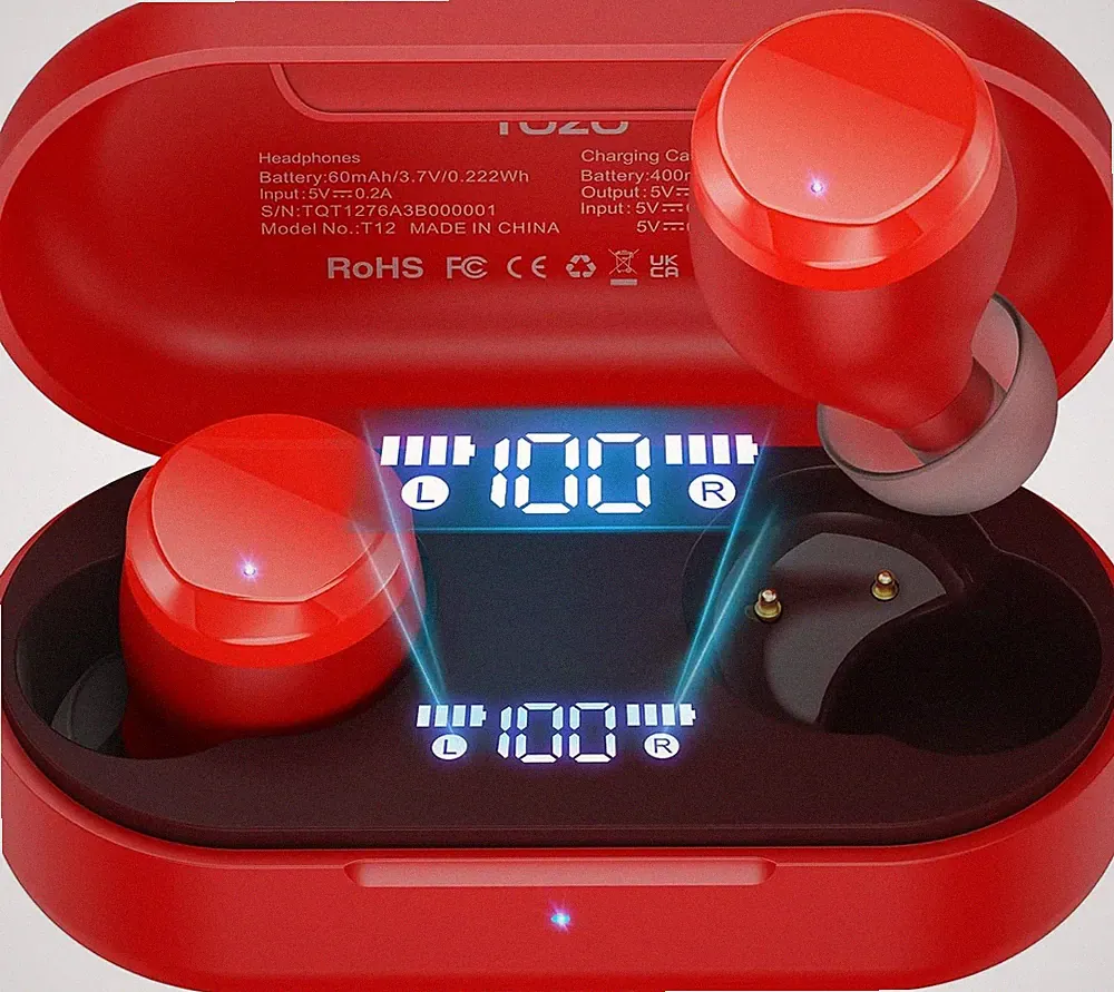 TOZO T12 In-Ear Kopfhörer True-Wireless mit 55 Stunden Akkulaufzeit, Rot