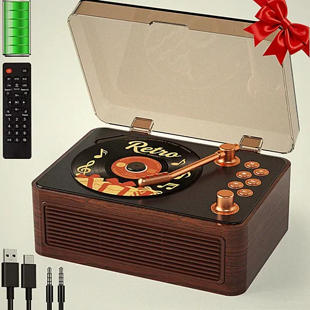 Tragbarer CD Player Bluetooth mit Lautsprecher & Radio Walnussholz