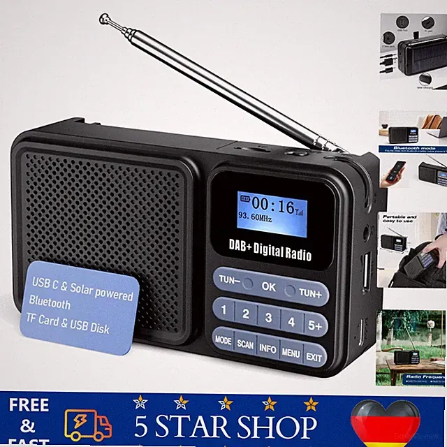 Tragbares DAB+ Radio mit Bluetooth, Akku Solar/USB AUX/USB/TF 80 Sender, 2200mAh
