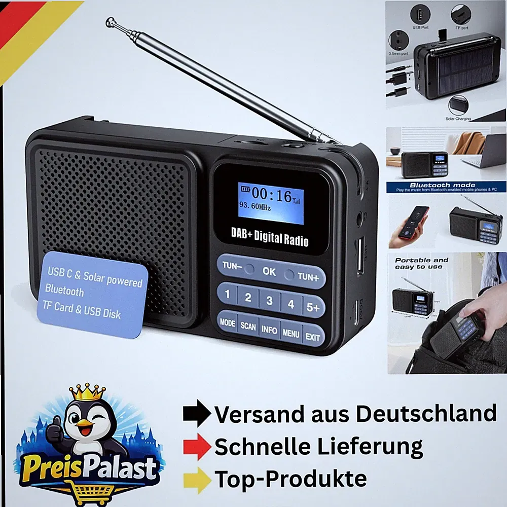 Tragbares Digitalradio mit Solar USB Bluetooth FM DAB+ Wecker