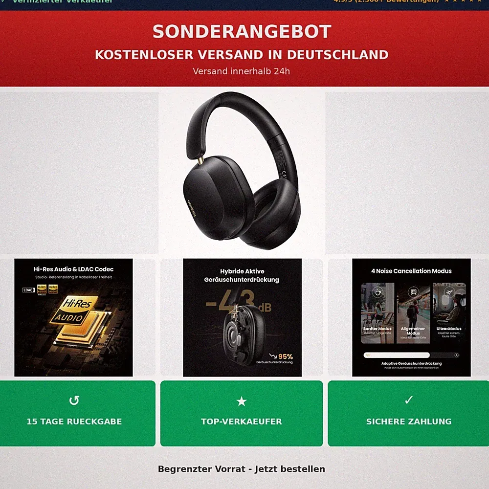 UGREEN HP203 Bluetooth Kopfhörer Over-Ear ANC 75h LDAC Schwarz