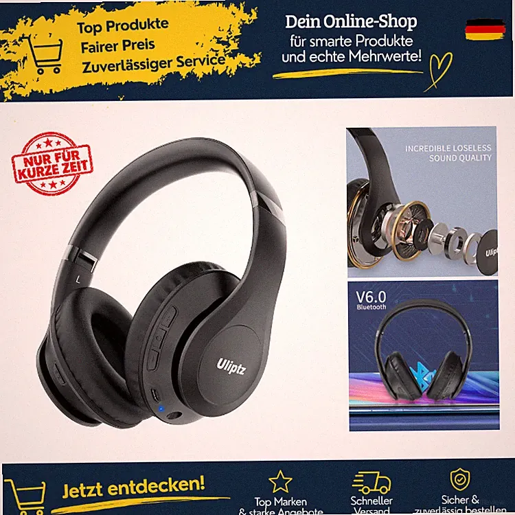 Uliptz Bluetooth 6.0 Kopfhörer Over Ear, 65 Stunden Spielzeit, Schwarz, 40 mm