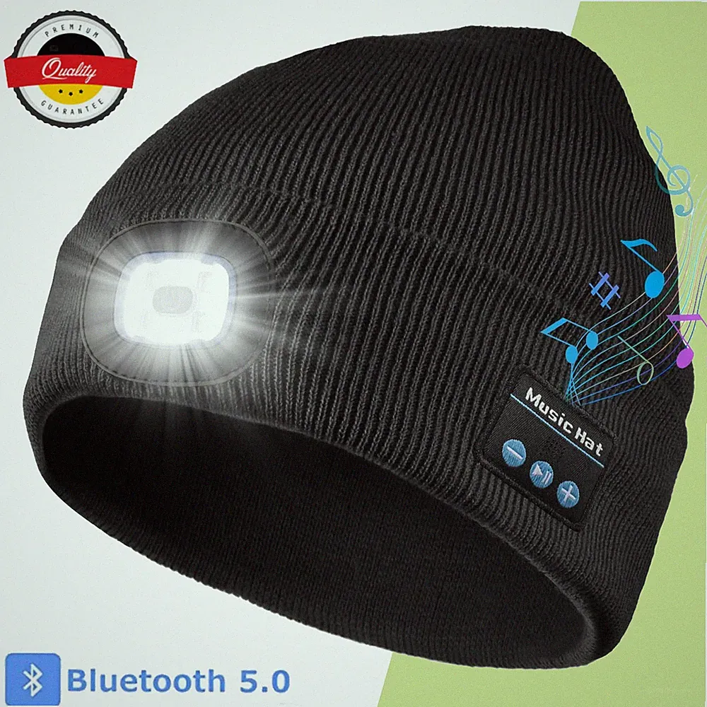 USB Bluetooth Beanie Hut Kopfhörer Mütze Strickmütze mit Einstellbar LED Lampe