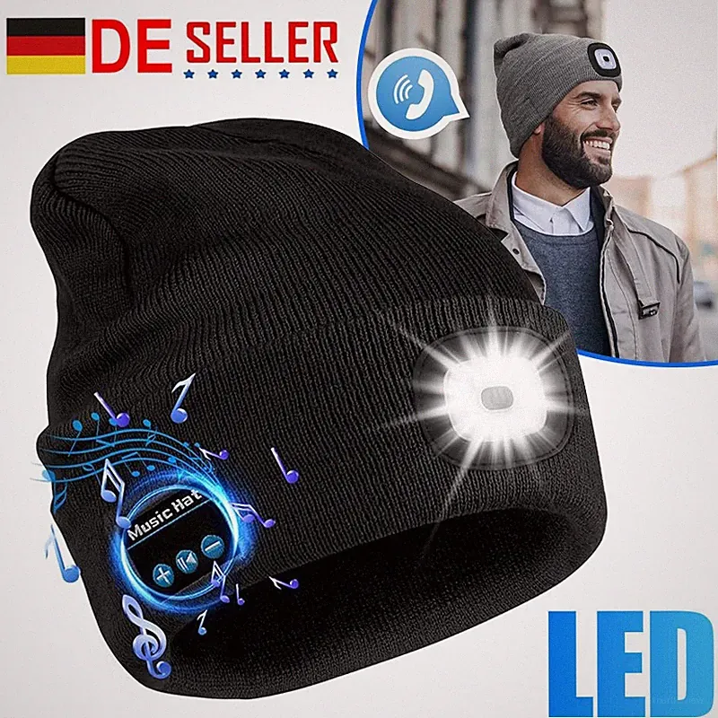 USB Bluetooth Beanie Hut Kopfhörer Mütze Strickmütze mit Einstellbar LED Lampe