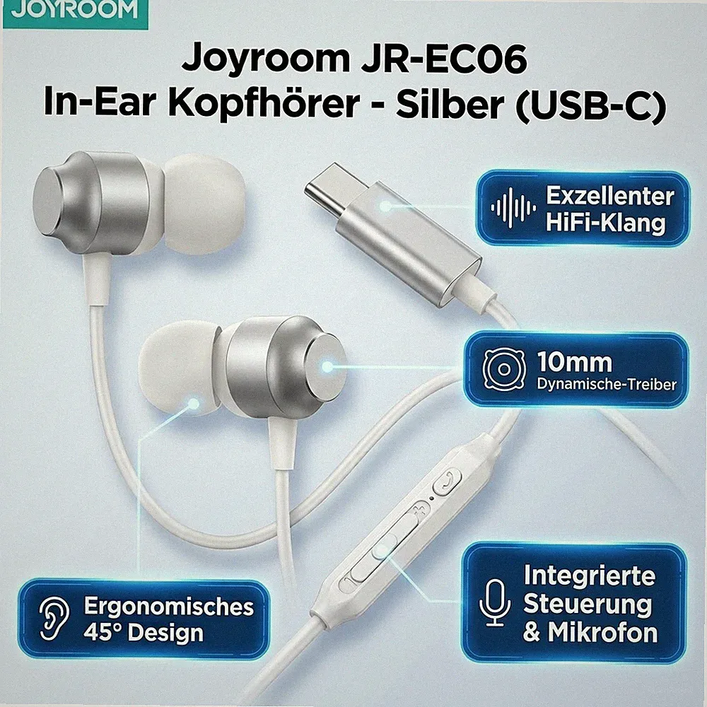 USB-C In-Ear Kopfhörer Headset Silber mit HiFi Mikrofon Ergonomisch Stereo Bass