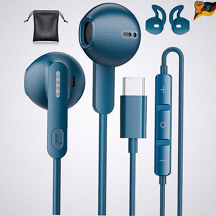 USB C Kopfhörer Blau mit HD Mikrofon, Lautstärkeregler, Geräuschunterdrückung