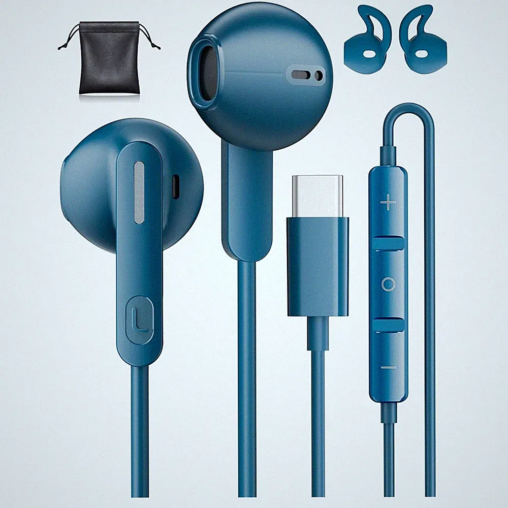 USB C Kopfhörer Kabel In-Ear Mikrofon für Android, iPhone, Tablet Blau