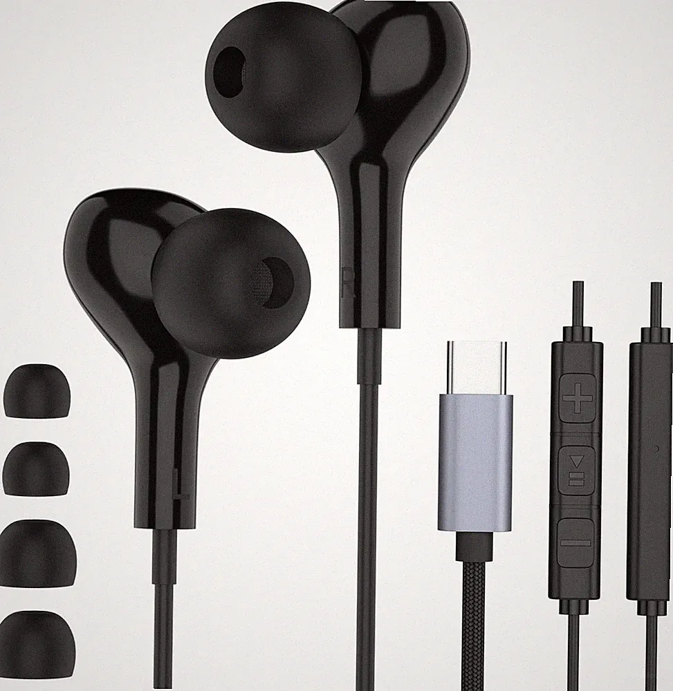 USB C Kopfhörer mit Kabel, USB C Headset In-Ear mit Mikrofon, in schwarz