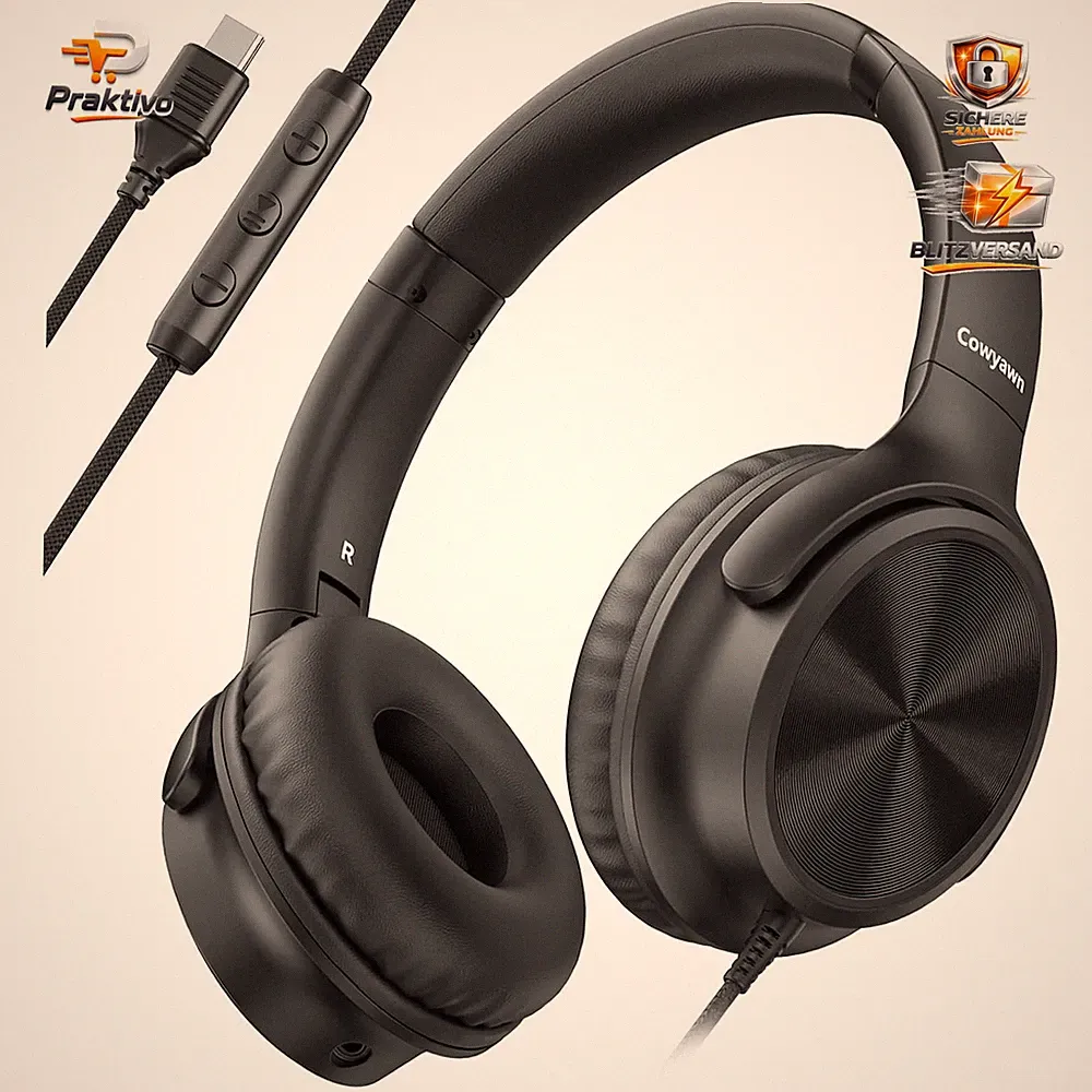USB-C Kopfhörer Over-Ear Faltbar Leicht mit Mikrofon Lautstärkeregler Schwarz
