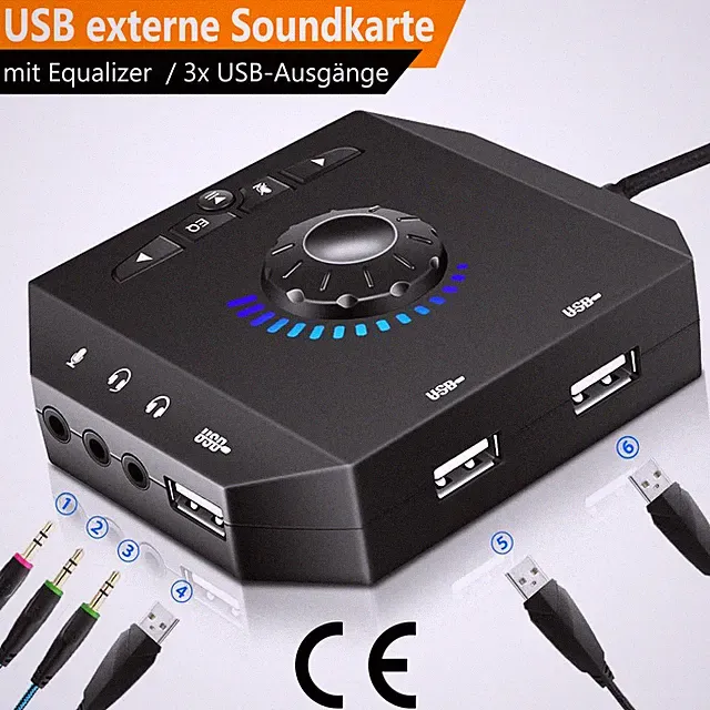 USB Soundkarte extern mit Lautstärkeregelung USB-Hub Headset Kopfhörer Mikrofon