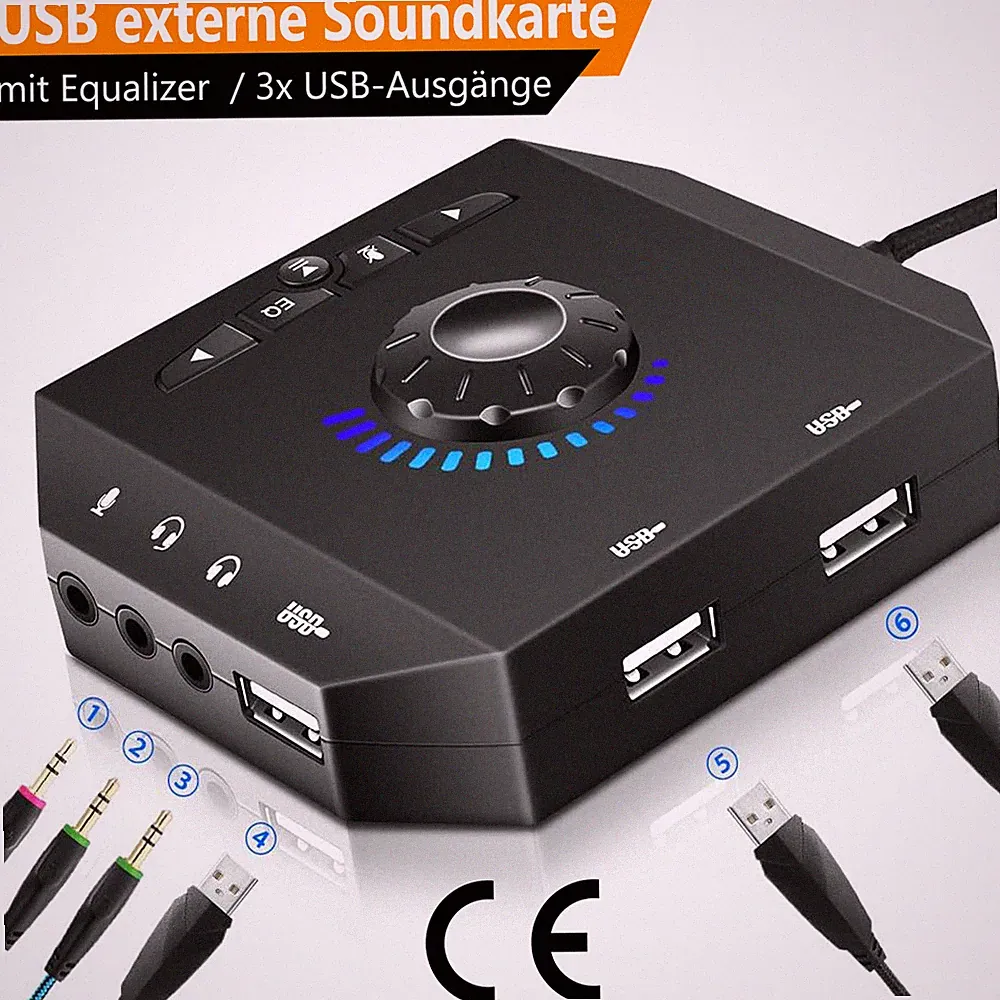 USB Stereo Soundkarte extern USB-Hub PC Headset 3,5mm Kopfhörer Klinke Mikrofon