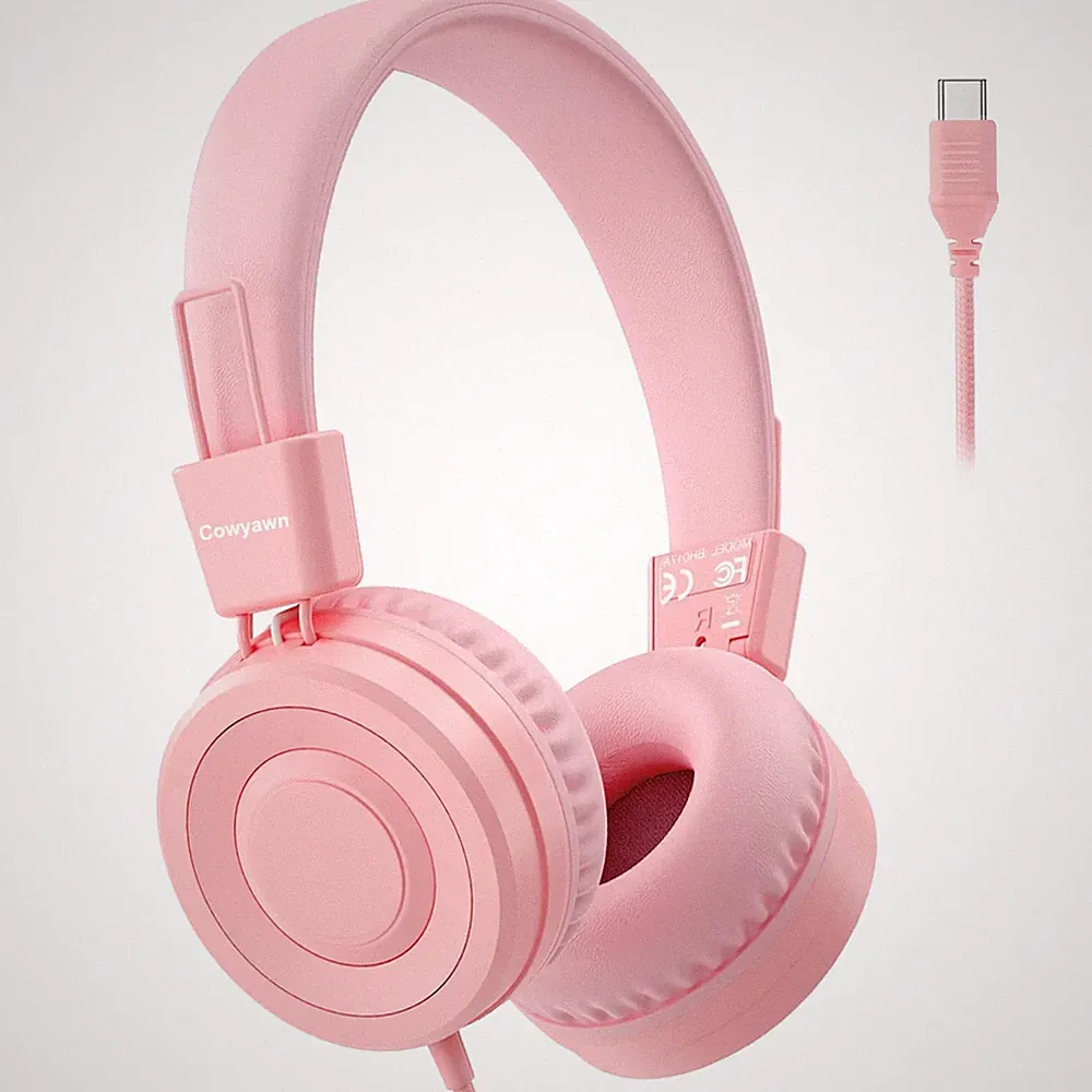 USB Typ C Kinderkopfhörer Faltbar 94 dB Lautstärkebegrenzung Rosa Schule, On-Ear