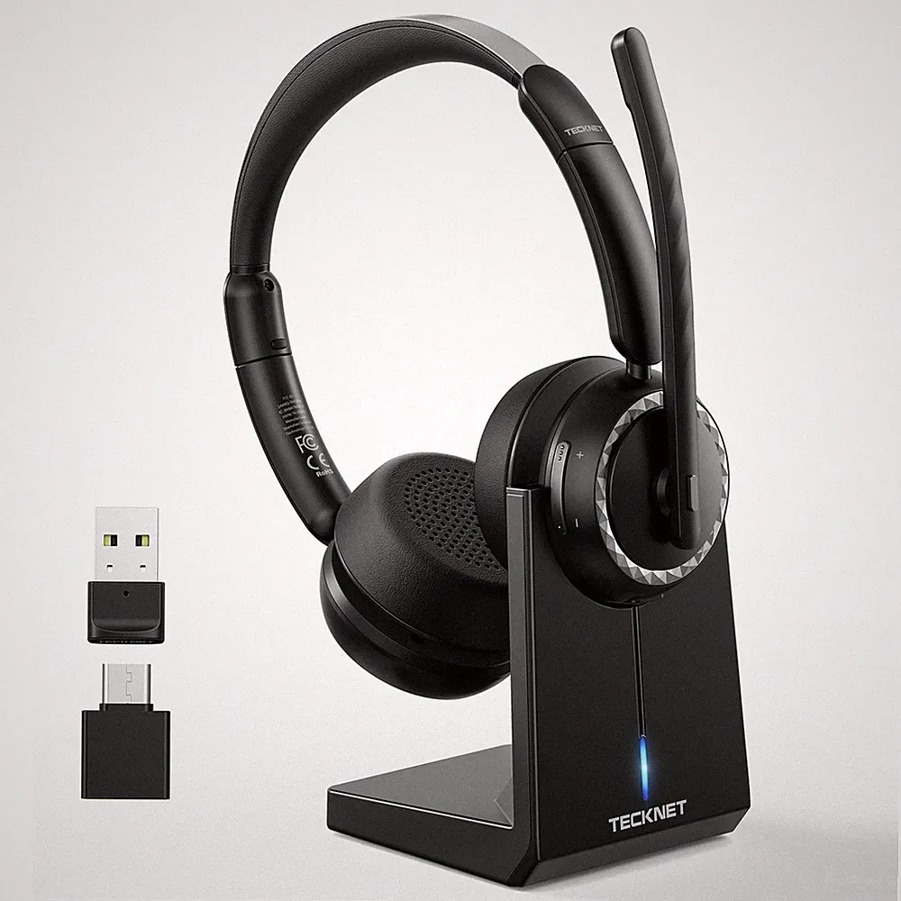 V5.3 Wireless Bluetooth Headset AI Noise Cancelling Mic Base USB 55h Battery