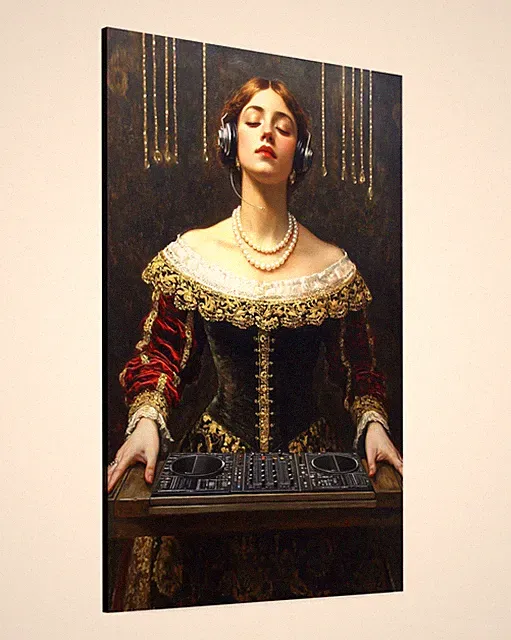 Vintage DJ Lady Leinwand Bild – Barock Stil mit Kopfhörern & Mischpult PREMIUM