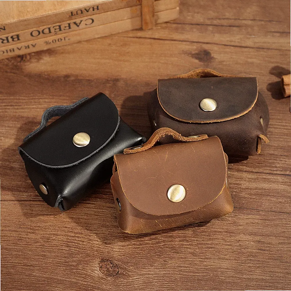 Vintage Leder Kopfhörer Tasche Cowhide Earphone Case Retro Münztasche für Herren