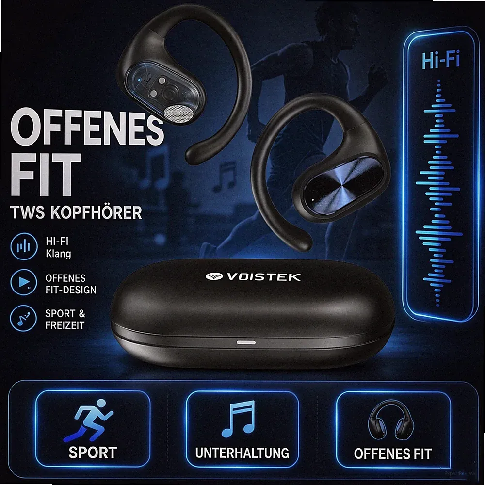 Voistek Offene Kopfhörer mit Ohrbügel Bluetooth Hi-Fi Sound TWS Sportkopfhörer