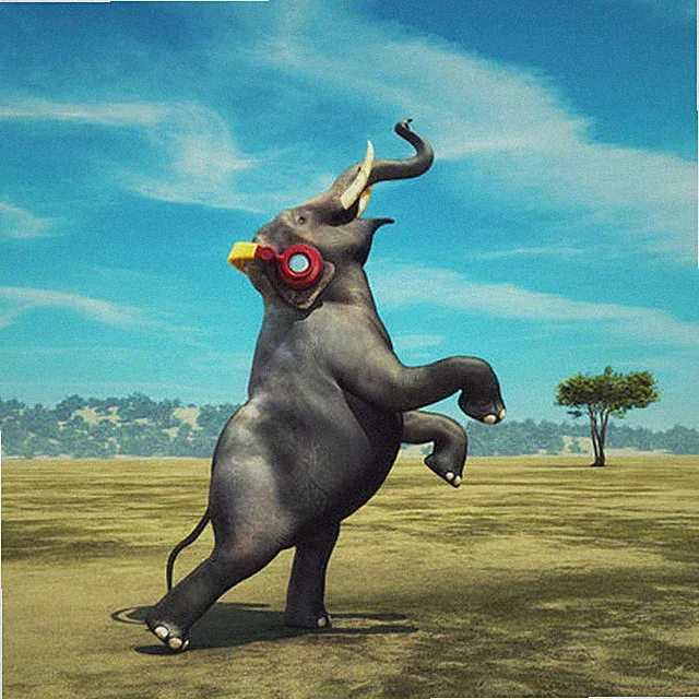 Wandbild: Elefant mit Kopfhörern, die auf dem Feld tanzen. Dies ist eine [...]