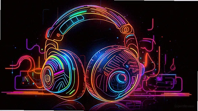 Wandbild: Neon-Kopfhörer auf schwarzem Hintergrund. Musikkonzept. [...]
