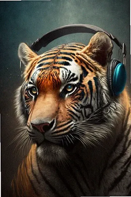 Wandbild: Porträt des Tigers mit Kopfhörern. Ai generativ (196837364)