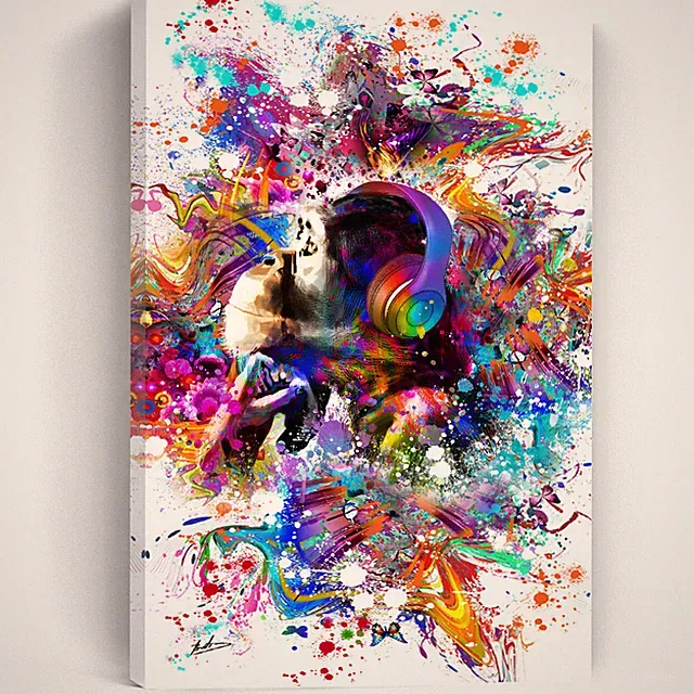 Wandbild XXL Abstrakt Bunt Affe mit Kopfhörer Leinwand Bilder Bilderrahmen 3185A