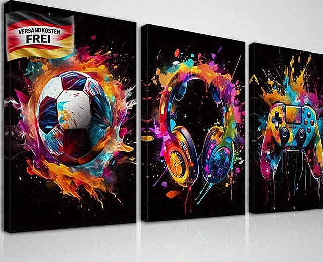 Wandkunst Set 3tlg Graffiti Fußball Gaming Zimmer Deko 12x16 Zoll