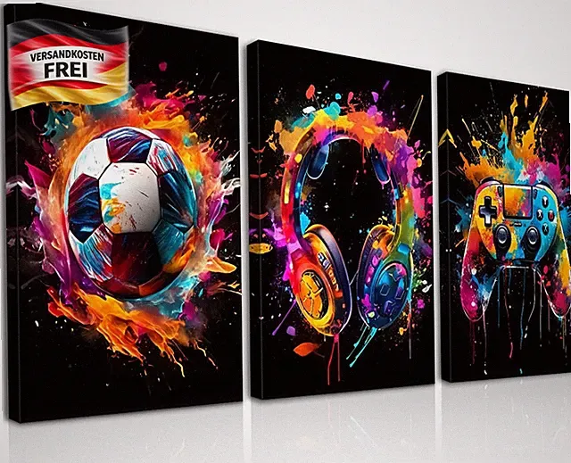 Wandkunst Set für Teenager Zimmer mit bunten Fußball Gamecontroller und Kopfhöre