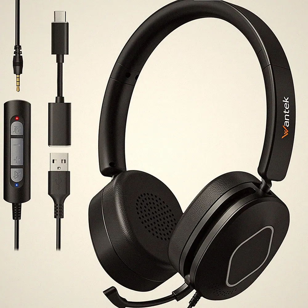 Wantek Headset mit Kabel GÜ Mikrofon 3.5mm/USB Kopfhörer für PC/Telefone/Handys