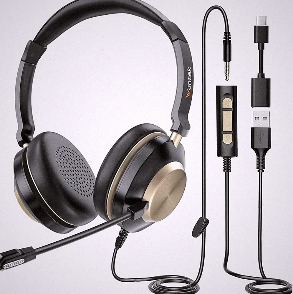 Wantek Headset mit Kabel Mikrofon USB/3.5mm Kopfhörer für PC/Telefone/Handys