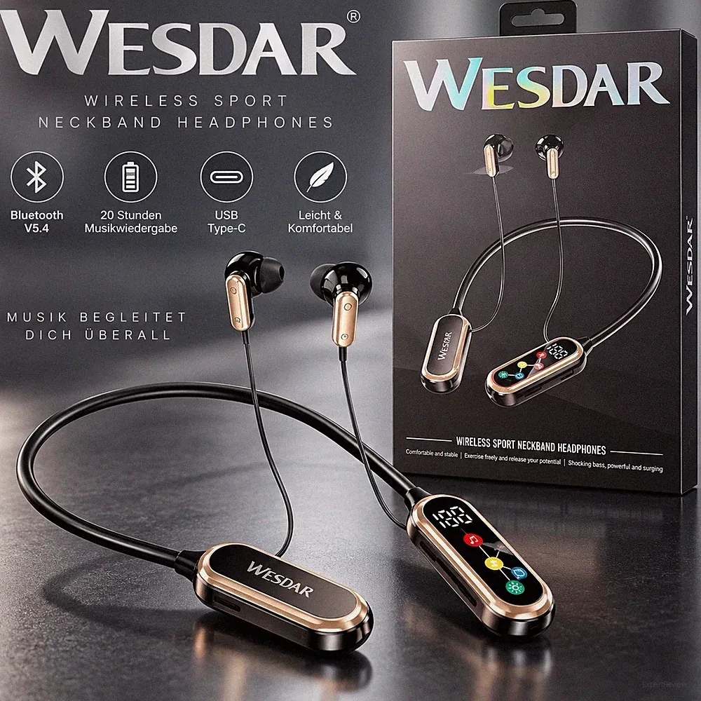 WESDAR K-153R Bluetooth 5.4 Sport Kopfhörer Nackenbügel 20h USB-C Schwarz