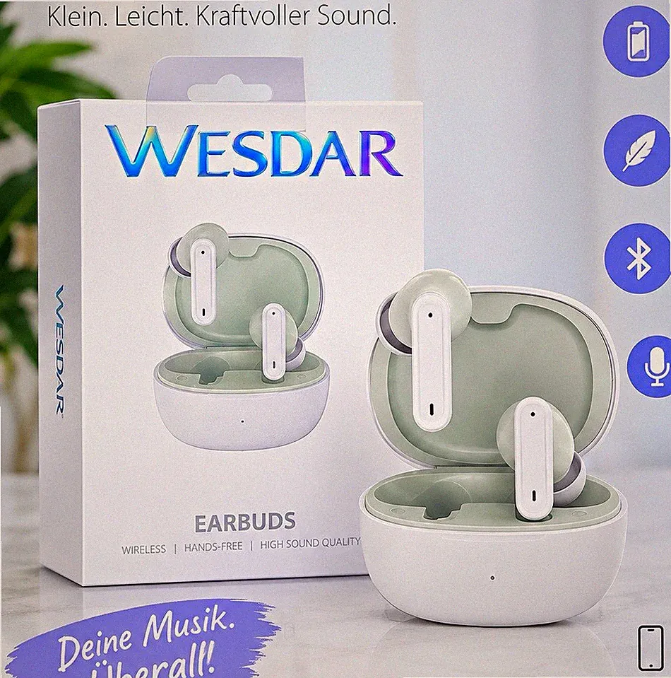 WESDAR True Wireless Earbuds In-Ear-Kopfhörer Weiß/Grün Bluetooth 5.0 Mic