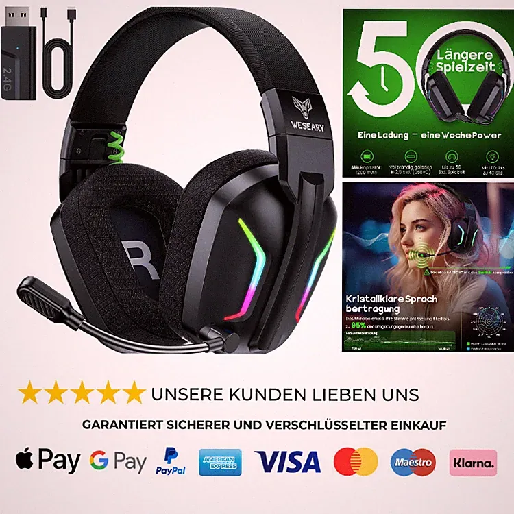 WESEARY Gaming Headset Wireless mit Mikrofon für PS5 PS4 PC Switch Smartphone