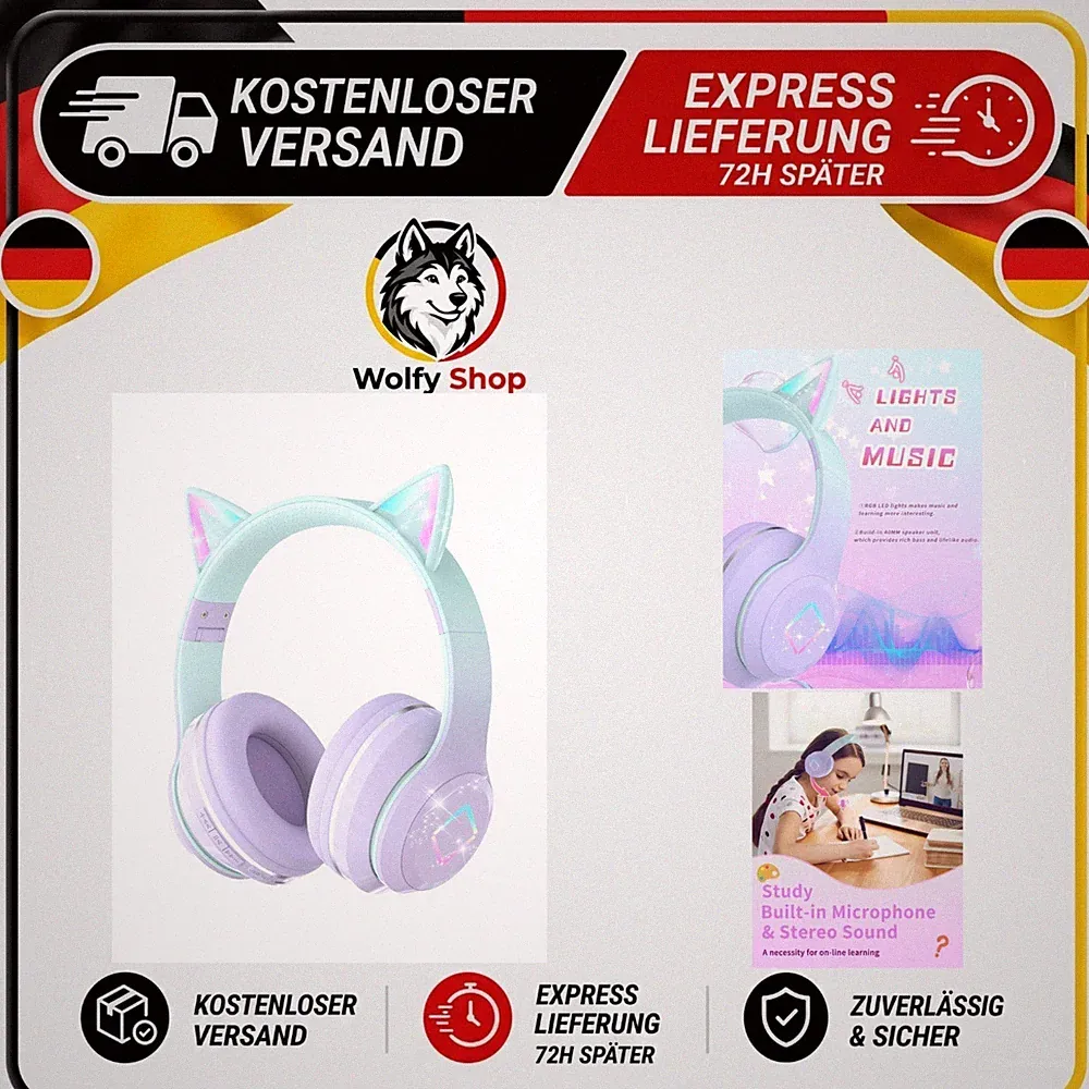 Xunpuls Kinder Bluetooth Kopfhörer mit LED Katzenohren und Mikrofon faltbar