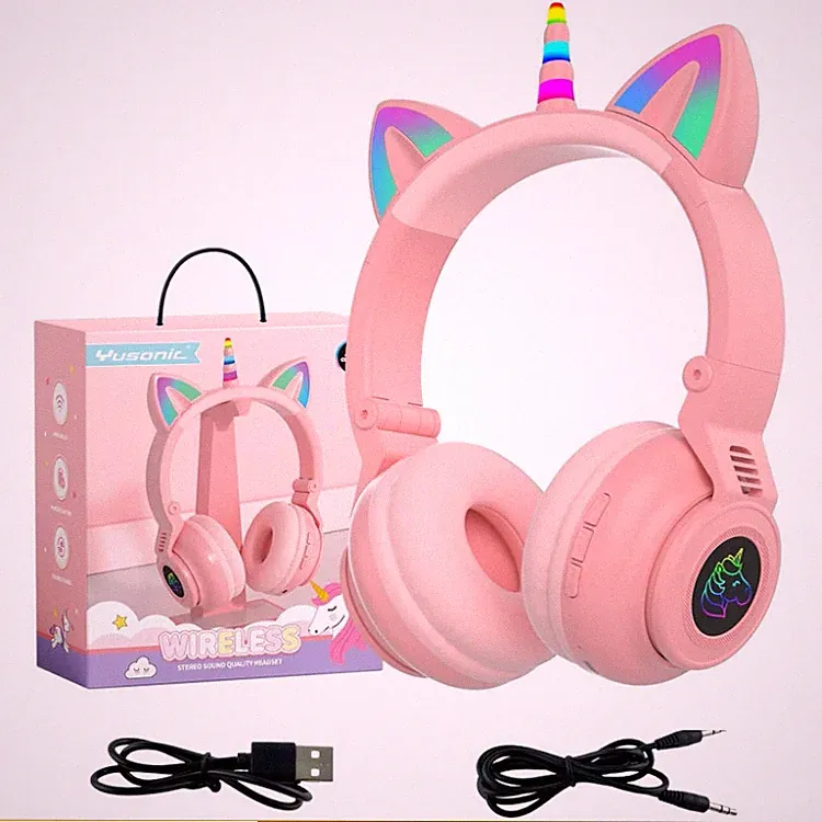 YUSONIC Einhorn Bluetooth Kopfhörer Drahtlos Over-Ear LED für Kinder Rosa