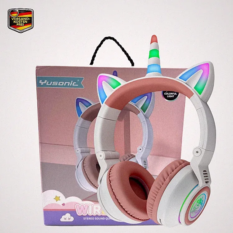 YUSONIC Einhorn Kopfhörer Bluetooth, Kabellos Over-Ear mit LED-Beleuchtung