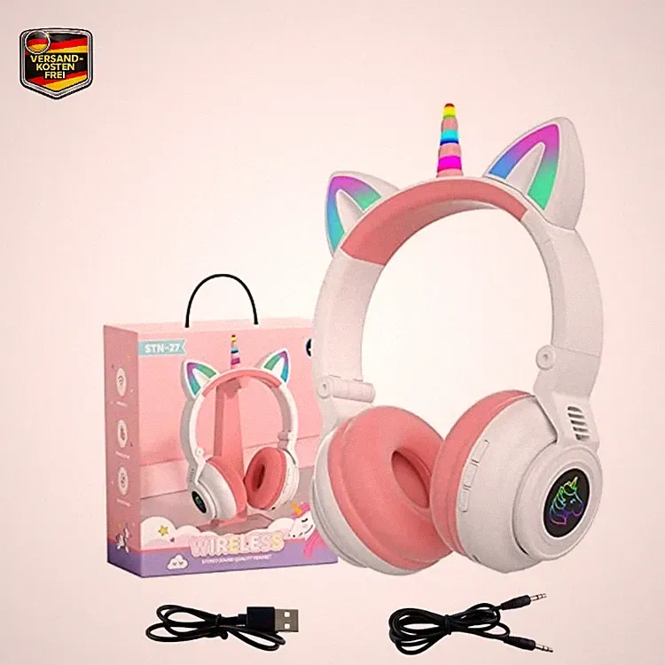 YUSONIC Einhorn Kopfhörer Bluetooth Kabellos Over-Ear mit LED-Beleuchtung, Weiß
